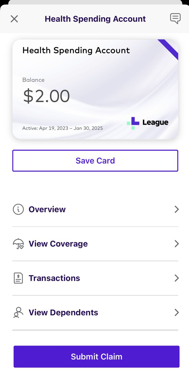  Health spending account screen on the League app