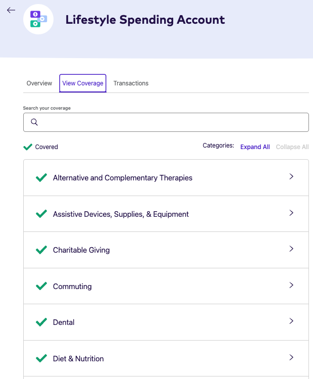  Lifestyle spending account coverage screen on the League website