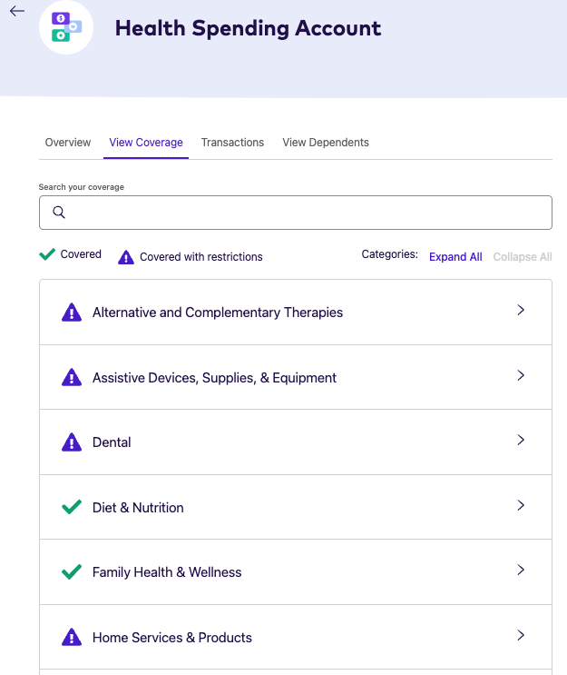 Health spending account coverage screen on the League website