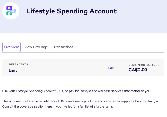  Lifestyle spending account overview screen on the League website