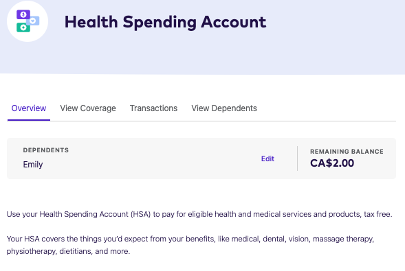  Health spending account overview screen on the League website