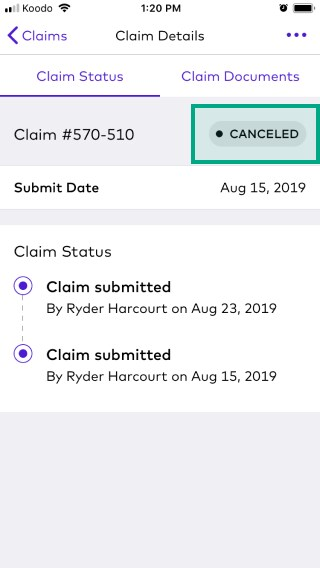 Claim details page on the League app with cancelled claim status highlighted