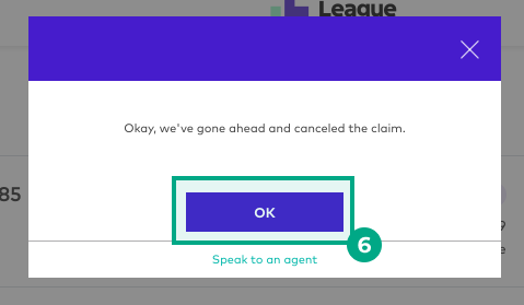 Cancel claim confirmation pop-up with ok button highlighted on the League website