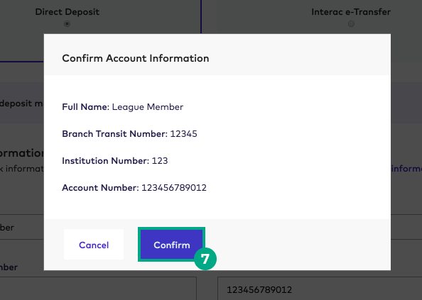 Confirm Account Information popup on the League website with the Confirm button highlighted