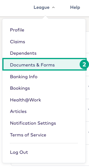 Menu dropdown on the League website with the Documents and Forms button highlighted
