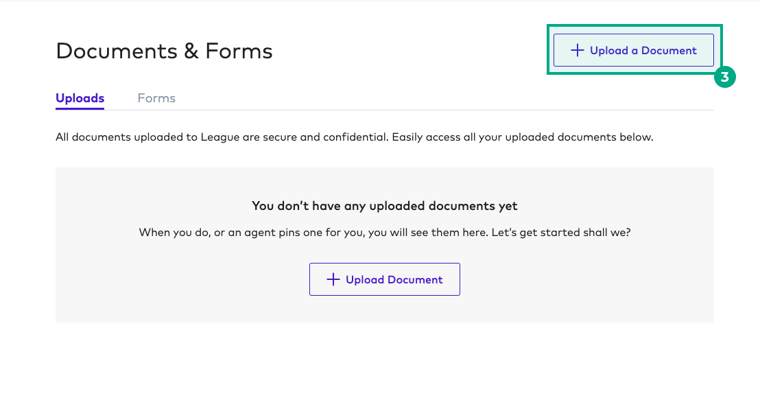 Documents and Forms page of the League website with the Upload a Document button highlighted
