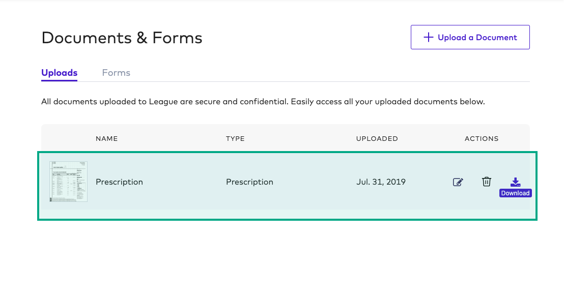 Documents and Forms screen of the League website with a document highlighted