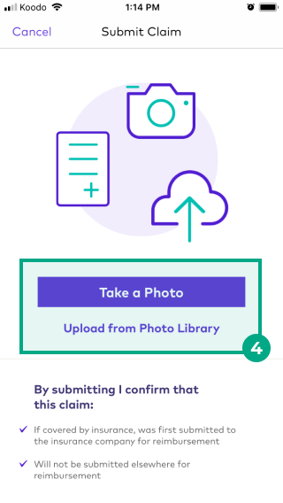 Submit Claim screen on the League mobile app with the photo upload section highlighted