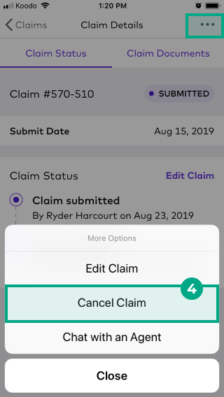 Claim Detail screen on the League mobile app with the Cancel Claim button highlighted