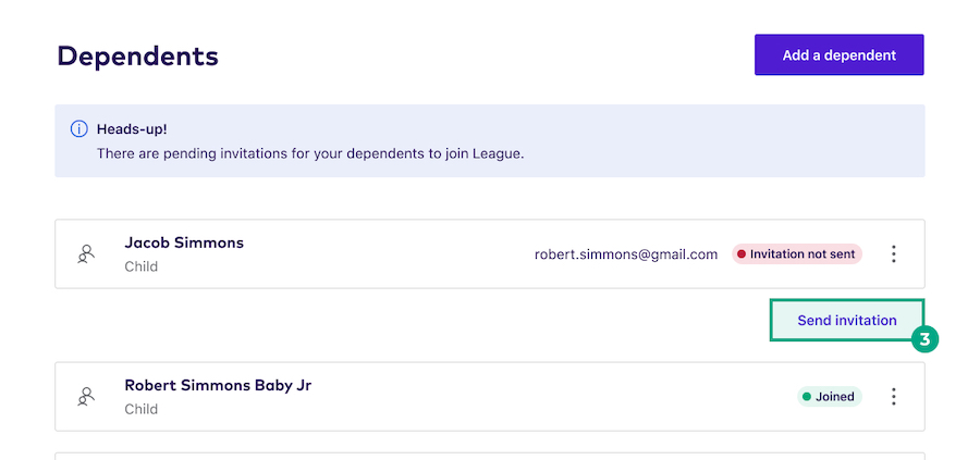 A dependent listed in a user's League account with the send invitation button highlighted.