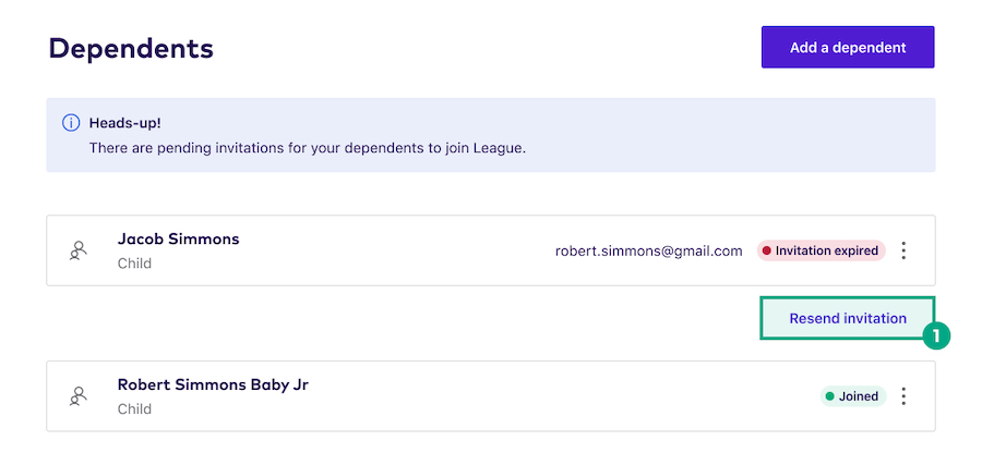 A dependent listed in a user's League account with the resend invitation button highlighted