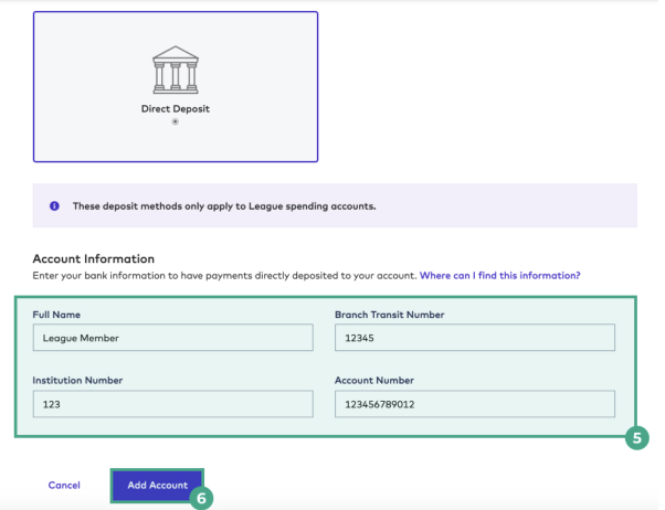 Direct Deposit page on the League website