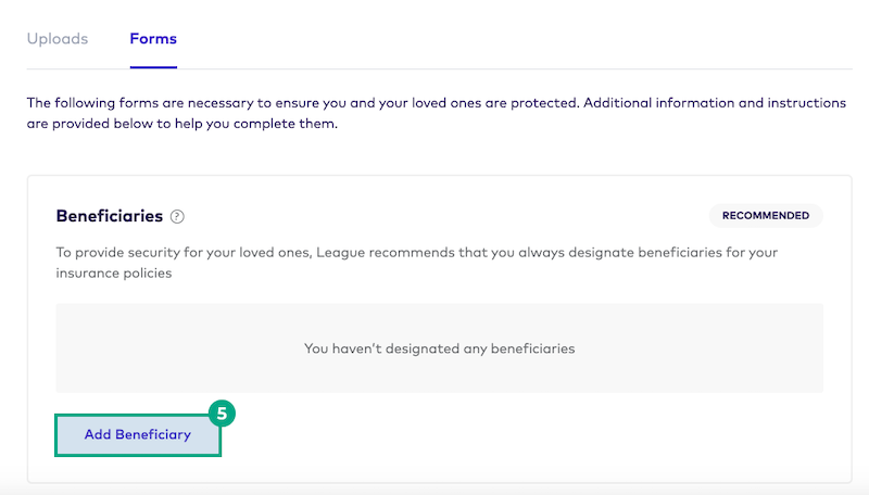 Documents and Forms page of the League website with the Add Beneficiary button highlighted