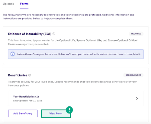 Documents and Forms page of the League website with a beneficiary listed