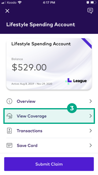 Lifestyle Spending Account screen on the League mobile app with the View Coverage button highlighted