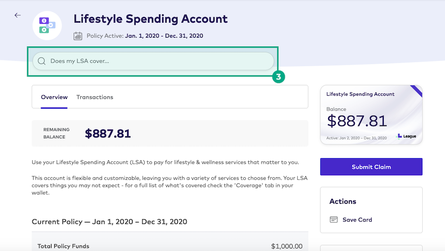 Lifestyle Spending Account page on the League website with the coverage search bar highlighted