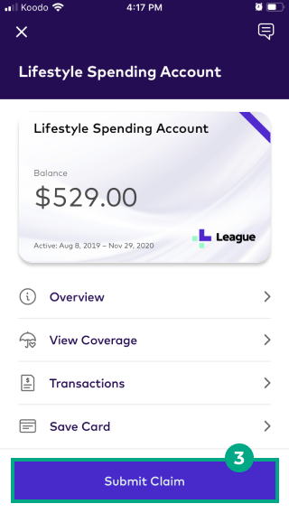 Lifestyle Spending Account screen on the League mobile app with the Submit Claim button highlighted