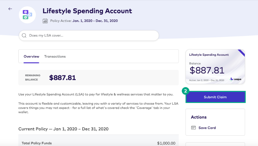 Lifestyle Spending Account page on the League website with the Submit Claim button highlighted