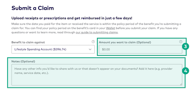 Submit a Claim page on the League website with the Amount and Note fields highlighted