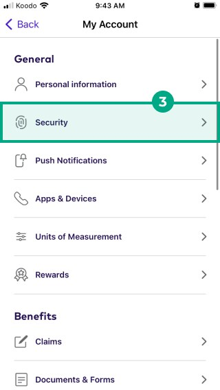 Security button highlighted in the my account menu