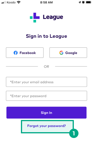 Forgot you password button highlighted on the League app sign in screen
