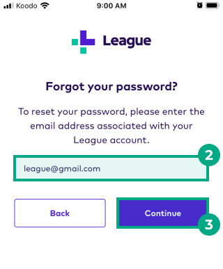 email field and continue button highlighted in the forgot your password screen