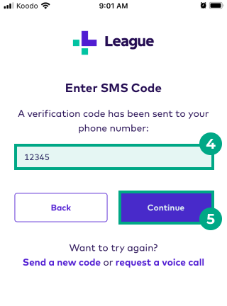 SMS code and continue button highlighted in the enter sms code screen