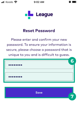 New and old password fields and save button highlighted in the reset password screen