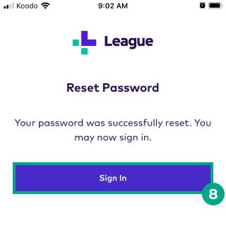 Sign in button highlighted in the reset password screen