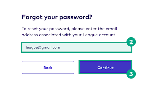 email field and continue button highlighted in the forgot your password screen