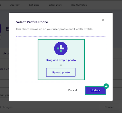 Drag and drop a photo and upload photo fields highlighted in the select profile picture modal