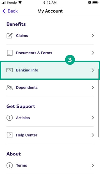 banking info button highlighted in the my account menu 