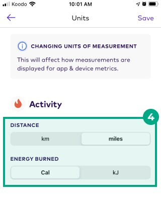 Units of measurement of Distance and energy burned highlighted in the units screen