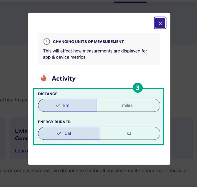 Units of measurement of Distance and energy burned highlighted in the units of measurement modal