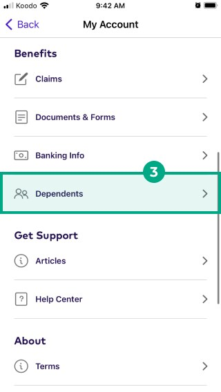 Dependents button highlighted in the My Account menu