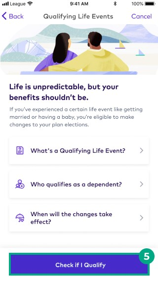 Check if I qualify button highlighted in the Qualifying Life Events screen