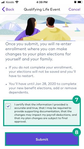 Submit Qualifying Life Event disclaimer and submit button highlighted in the Qualifying Life Event screen