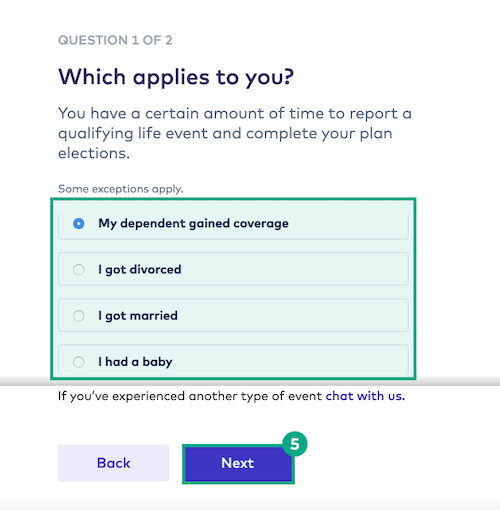 List of qualifying life events and next button highlighted