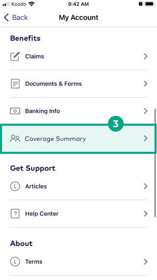 Coverage summary button highlighted in the My Account menu
