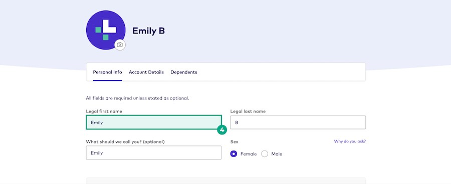 legal first name highlighted in the personal info tab