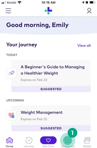 Lifermarket button highlighted in League's app home screen