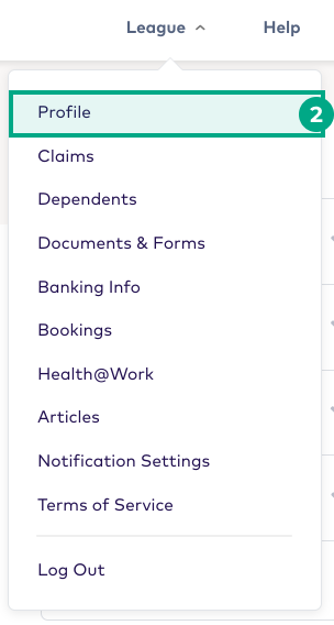 Menu dropdown on the League website with the Profile button highlighted