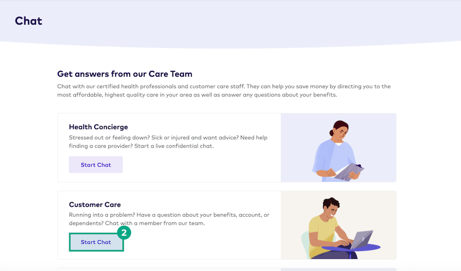 start live chat button highlighted in the get answers from our care team screen