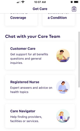 Chat with your care team section in the Get Care screen