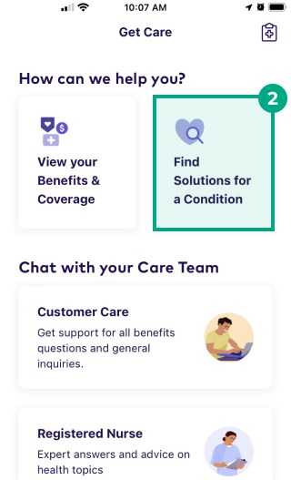 Find solutions for a condition button highlighted in League's app get care screen