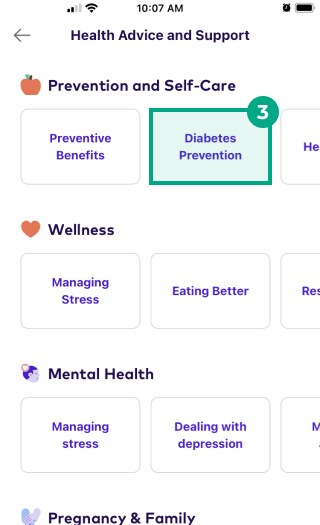 Diabetes prevention button highlighted in League's app health advice and support screen