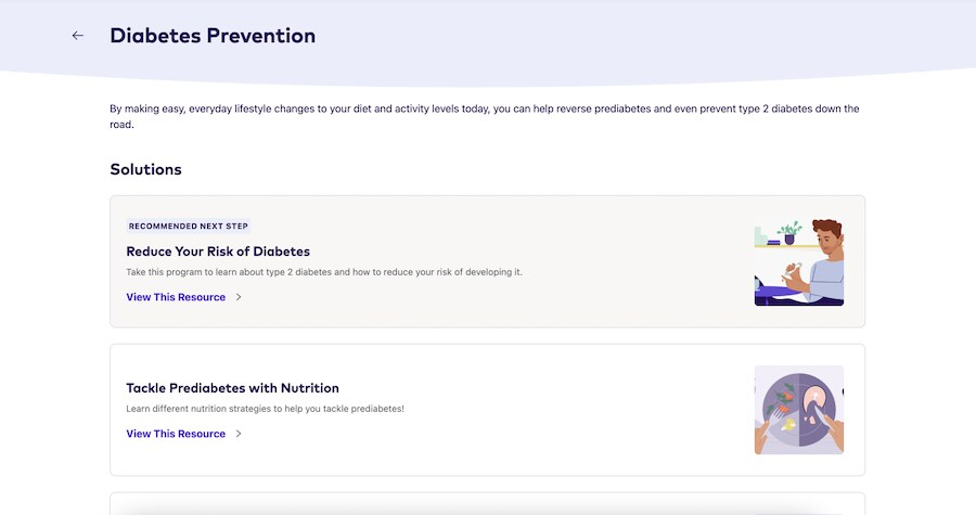 Screen showing the details of the diabetes prevention solutions