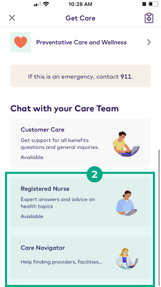 Get Care screen on the League mobile app with the Registered Nurse and Care Navigators highlighted