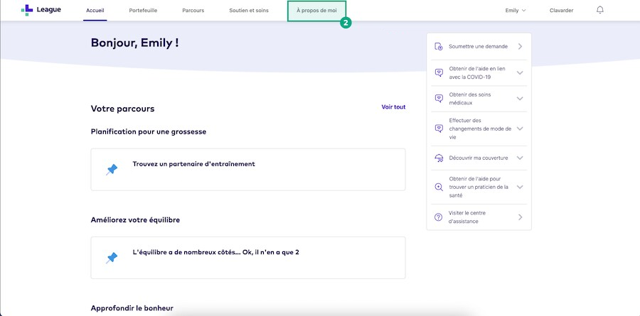 Bouton de profil de santé mis en évidence sur l'écran d'accueil du site Web de League
