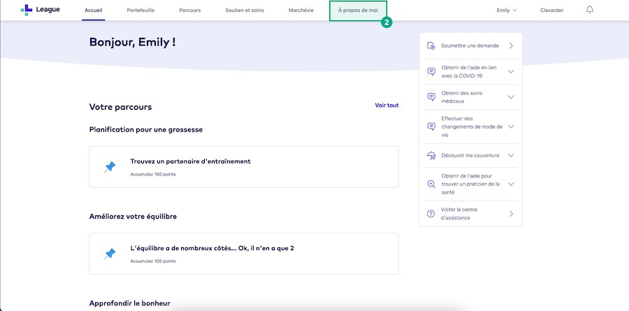 Bouton de profil de santé mis en évidence sur l'écran d'accueil du site Web de League